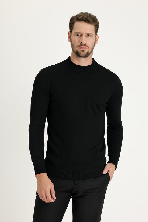 Siyah Yarım Balıkçı Yaka Regular Fit Triko Kazak