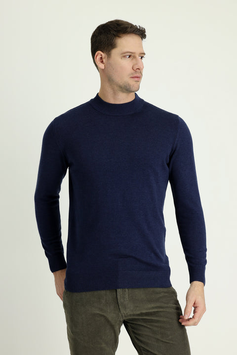 Koyu Lacivert Yarım Balıkçı Yaka Regular Fit Pamuklu Triko Kazak