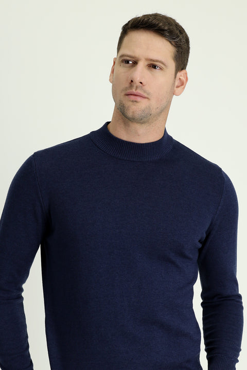 Koyu Lacivert Yarım Balıkçı Yaka Regular Fit Pamuklu Triko Kazak