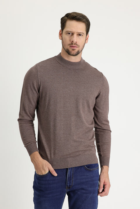 Açık Kahve Melanj Yarım Balıkçı Yaka Regular Fit Pamuklu Triko Kazak