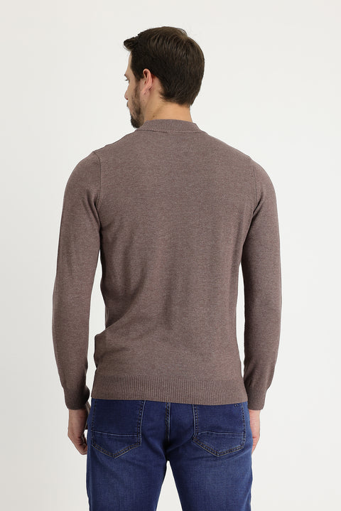 Açık Kahve Melanj Yarım Balıkçı Yaka Regular Fit Pamuklu Triko Kazak