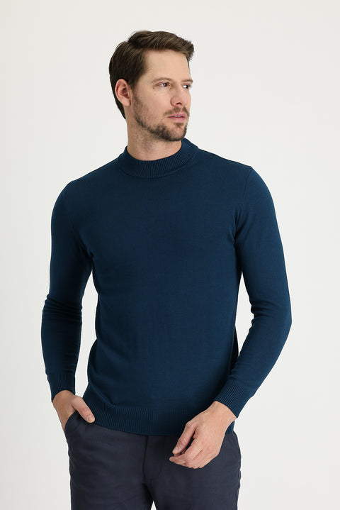 Orta Petrol Yarım Balıkçı Yaka Regular Fit Pamuklu Triko Kazak