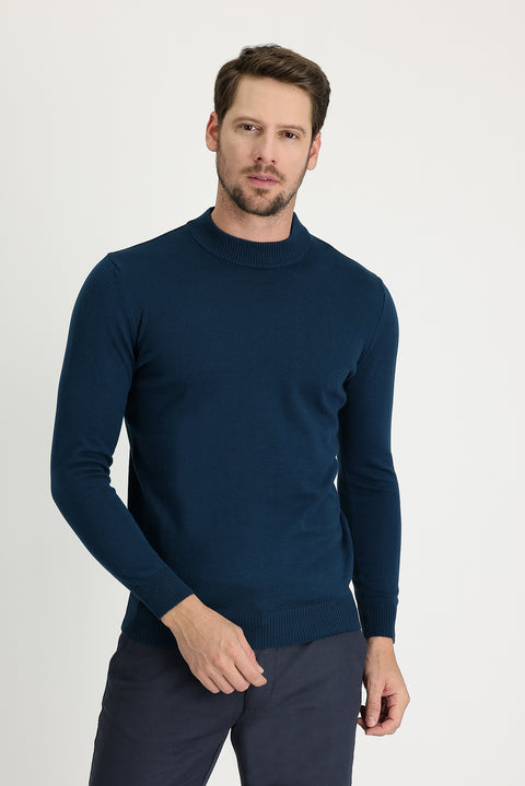 Orta Petrol Yarım Balıkçı Yaka Regular Fit Pamuklu Triko Kazak