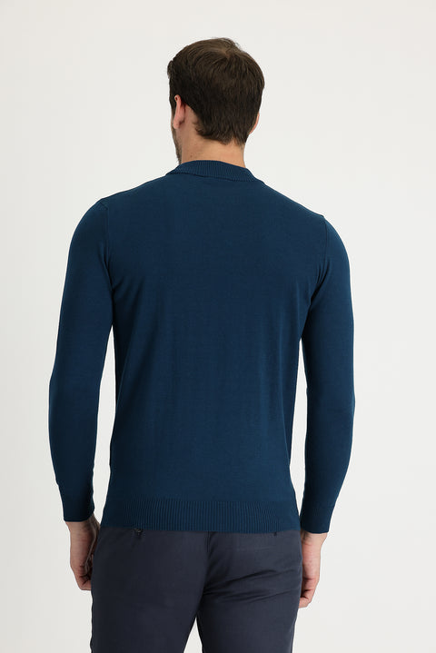 Orta Petrol Yarım Balıkçı Yaka Regular Fit Pamuklu Triko Kazak