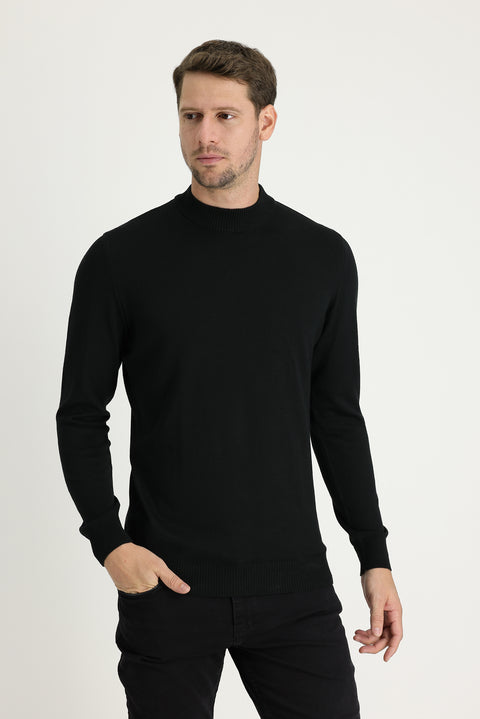 Siyah Yarım Balıkçı Yaka Regular Fit Triko Kazak