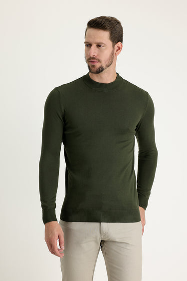 Orta Haki Yarım Balıkçı Yaka Regular Fit Triko Kazak