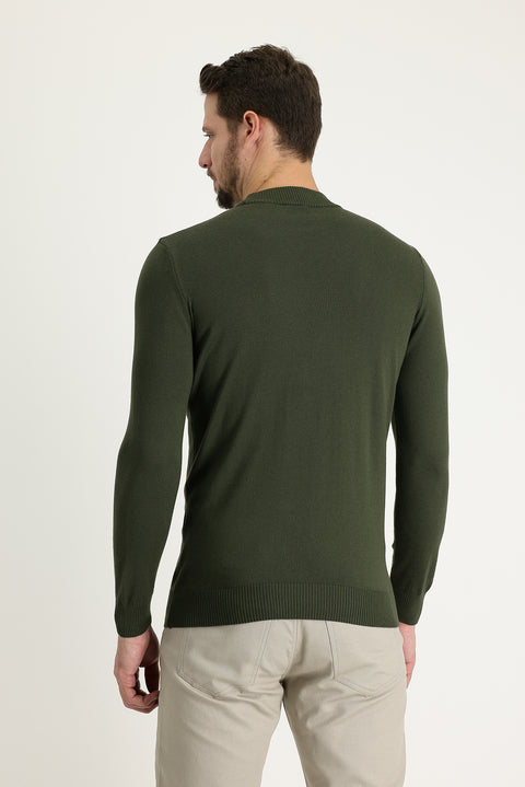 Orta Haki Yarım Balıkçı Yaka Regular Fit Triko Kazak