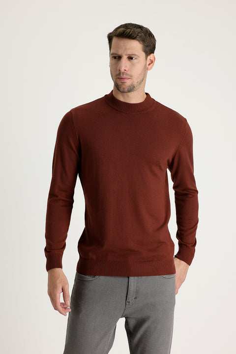 Kiremit Yarım Balıkçı Yaka Regular Fit Pamuklu Triko Kazak