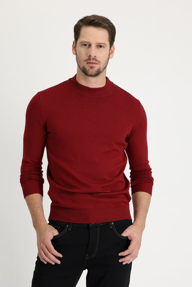 Koyu Kırmızı Yarım Balıkçı Yaka Regular Fit Triko Kazak