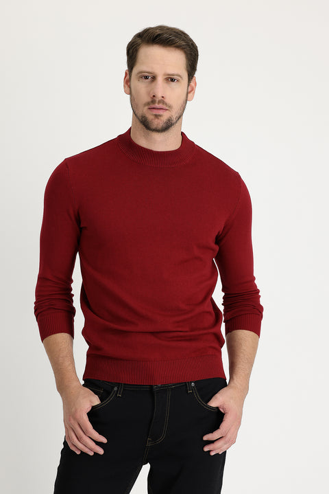 Koyu Kırmızı Yarım Balıkçı Yaka Regular Fit Triko Kazak