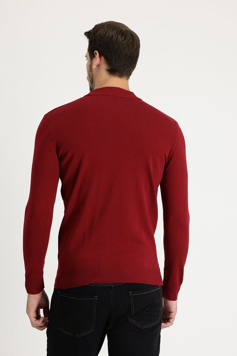Koyu Kırmızı Yarım Balıkçı Yaka Regular Fit Triko Kazak