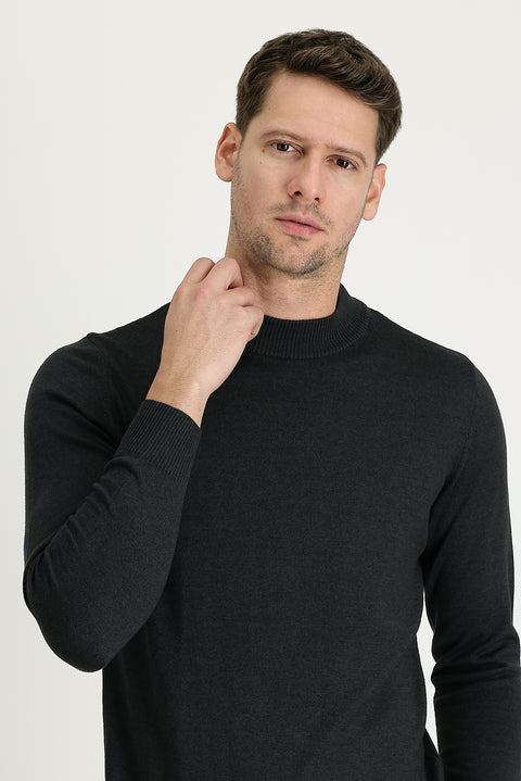 Koyu Antrasit Yarım Balıkçı Yaka Regular Fit Triko Kazak