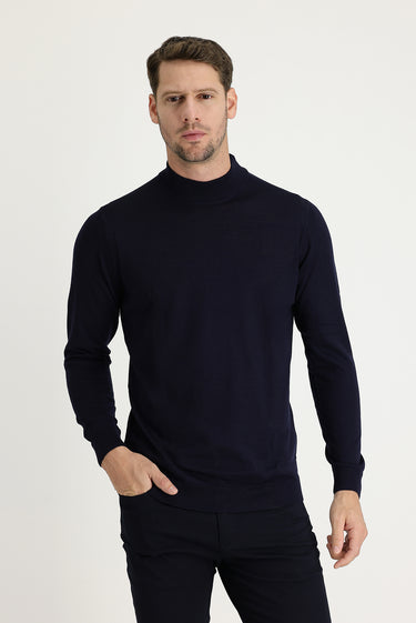 Koyu Lacivert Yarım Balıkçı Yaka Regular Fit Triko Kazak