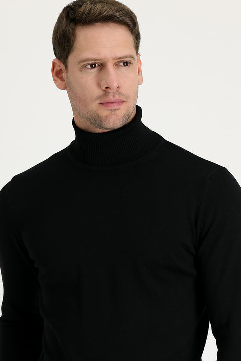 Black Turtleneck Regular Fit Cotton Knit Sweater