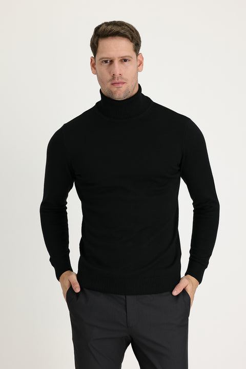 Black Turtleneck Regular Fit Cotton Knit Sweater
