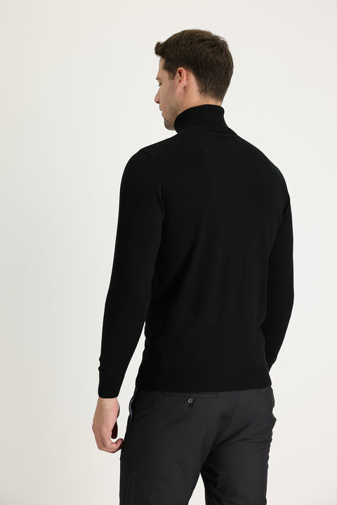 Black Turtleneck Regular Fit Cotton Knit Sweater