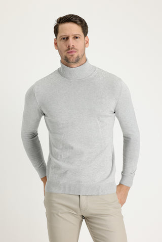  Açık Gri Melanj Balıkçı Yaka Regular Fit Pamuklu Triko Kazak