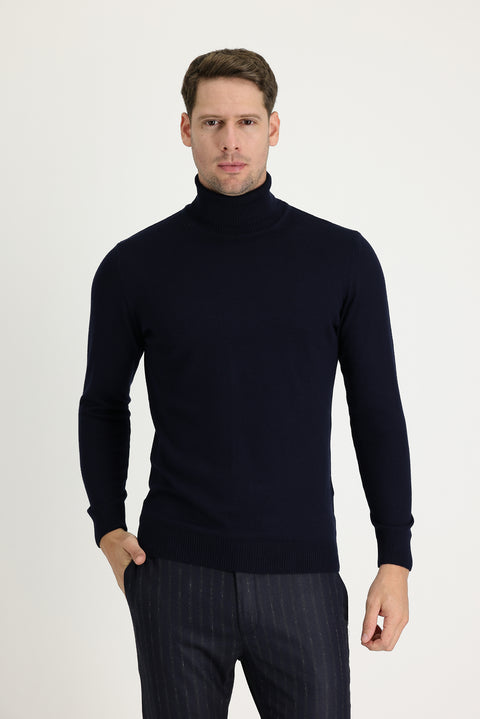 Dark Navy Turtleneck Regular Fit Cotton Knit Sweater