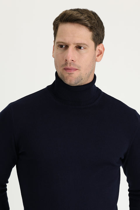 Dark Navy Turtleneck Regular Fit Cotton Knit Sweater