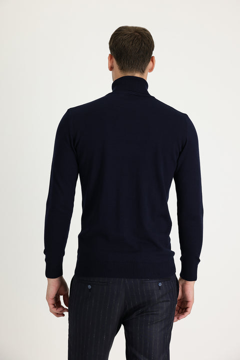 Dark Navy Turtleneck Regular Fit Cotton Knit Sweater