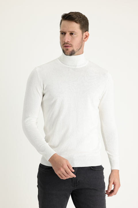 Off-white Turtleneck Regular Fit Cotton Knit Sweater
