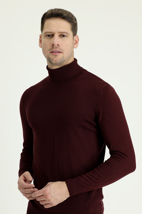 Dark Burgundy Turtleneck Regular Fit Cotton Knit Sweater