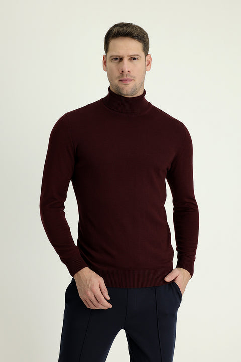 Dark Burgundy Turtleneck Regular Fit Cotton Knit Sweater