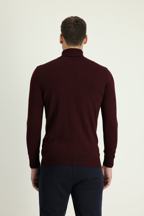 Dark Burgundy Turtleneck Regular Fit Cotton Knit Sweater