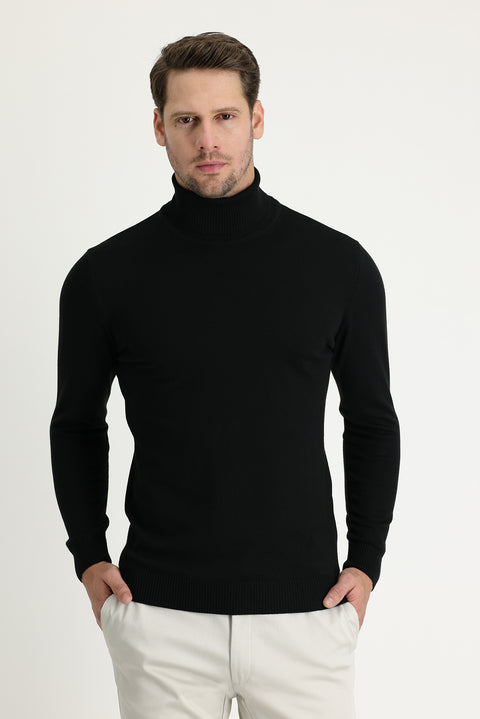 Siyah Balıkçı Yaka Regular Fit Triko Kazak