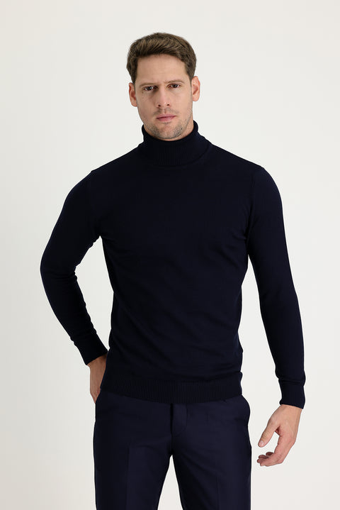 Koyu Lacivert Balıkçı Yaka Regular Fit Pamuklu Triko Kazak