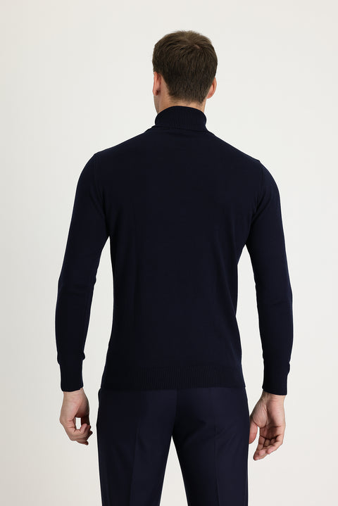 Koyu Lacivert Balıkçı Yaka Regular Fit Pamuklu Triko Kazak