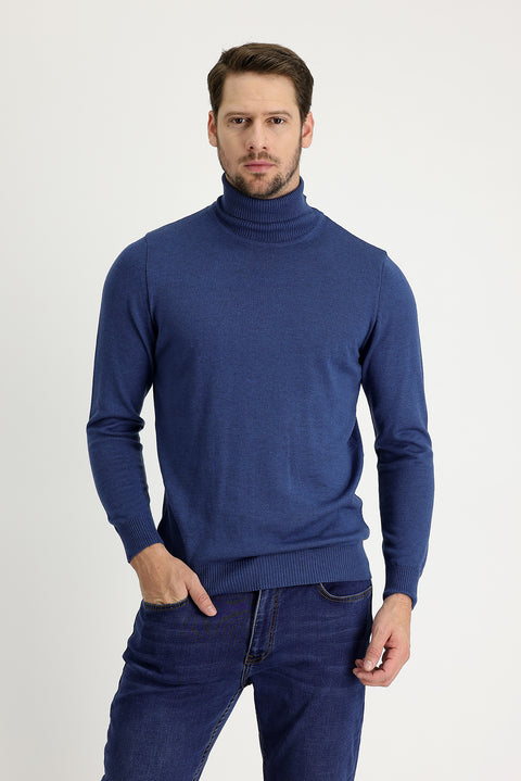 İndigo Melanj Balıkçı Yaka Regular Fit Triko Kazak