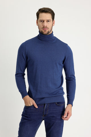  İndigo Melanj Balıkçı Yaka Regular Fit Pamuklu Triko Kazak