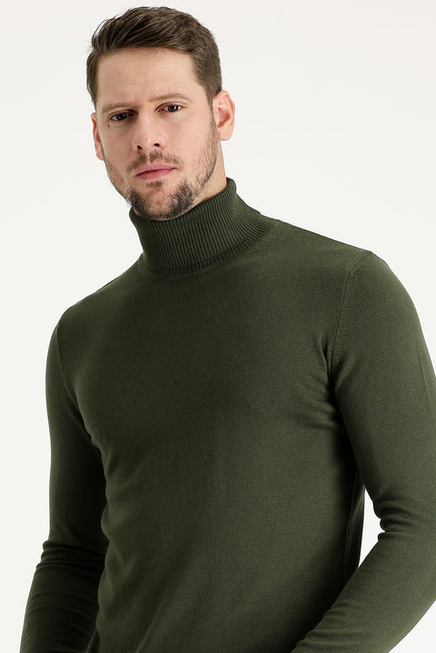 Orta Haki Balıkçı Yaka Regular Fit Triko Kazak