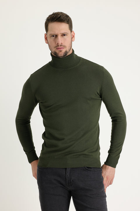 Orta Haki Balıkçı Yaka Regular Fit Triko Kazak