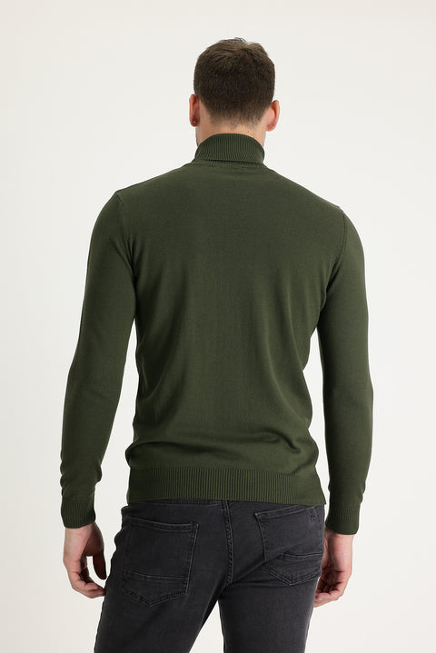 Orta Haki Balıkçı Yaka Regular Fit Triko Kazak