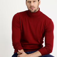 Koyu Kırmızı Balıkçı Yaka Regular Fit Pamuklu Triko Kazak