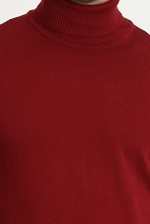 Koyu Kırmızı Balıkçı Yaka Regular Fit Pamuklu Triko Kazak