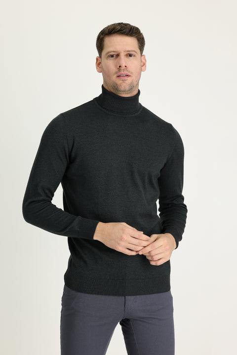 Koyu Antrasit Balıkçı Yaka Regular Fit Triko Kazak