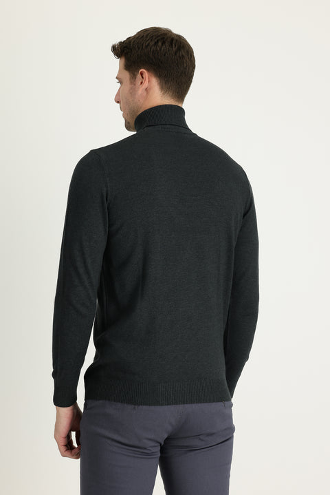 Koyu Antrasit Balıkçı Yaka Regular Fit Triko Kazak