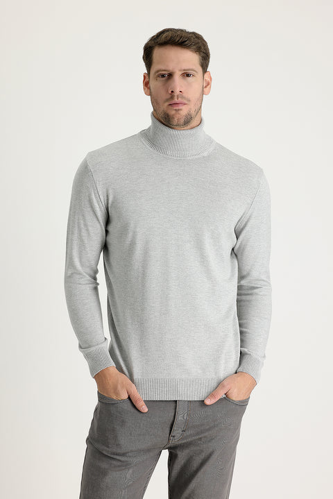 Açık Gri Melanj Balıkçı Yaka Regular Fit Triko Kazak