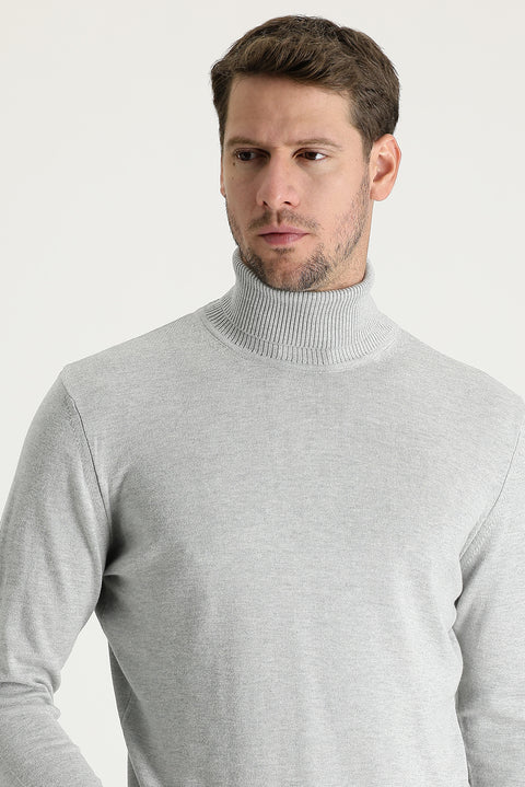 Açık Gri Melanj Balıkçı Yaka Regular Fit Triko Kazak