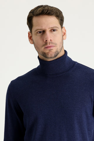  Orta Lacivert Melanj Balıkçı Yaka Regular Fit Triko Kazak