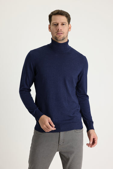 Orta Lacivert Melanj Balıkçı Yaka Regular Fit Triko Kazak