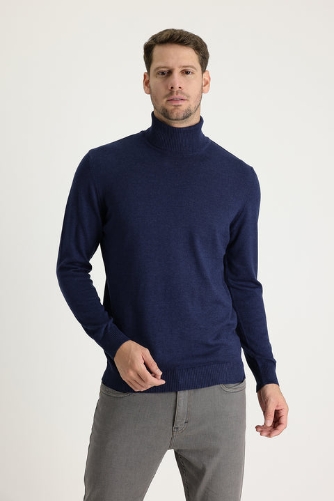 Orta Lacivert Melanj Balıkçı Yaka Regular Fit Triko Kazak