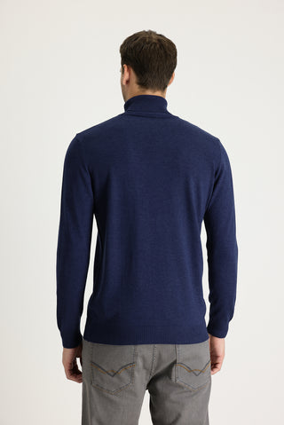  Orta Lacivert Melanj Balıkçı Yaka Regular Fit Triko Kazak