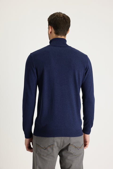 Orta Lacivert Melanj Balıkçı Yaka Regular Fit Triko Kazak