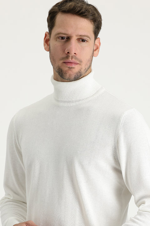 Ekru Balıkçı Yaka Regular Fit Pamuklu Triko Kazak