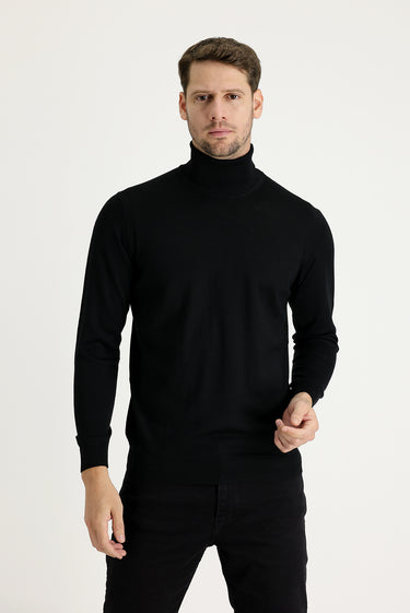 Siyah Balıkçı Yaka Regular Fit Triko Kazak