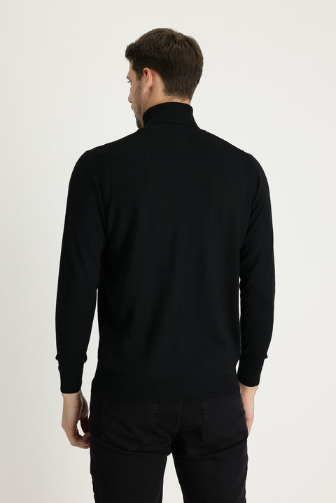 Siyah Balıkçı Yaka Regular Fit Yünlü Triko Kazak